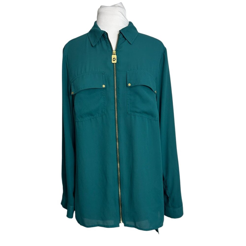 Michael Kors Womens Top Blouse Size Medium Green Dog Tag Zip Front Tab Sleeve
